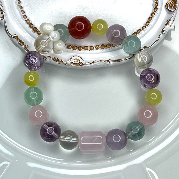 Handmade Multi Gemstones MOP Phantom Quartz 💎 Stretch Bracelet - Picture 2 of 4